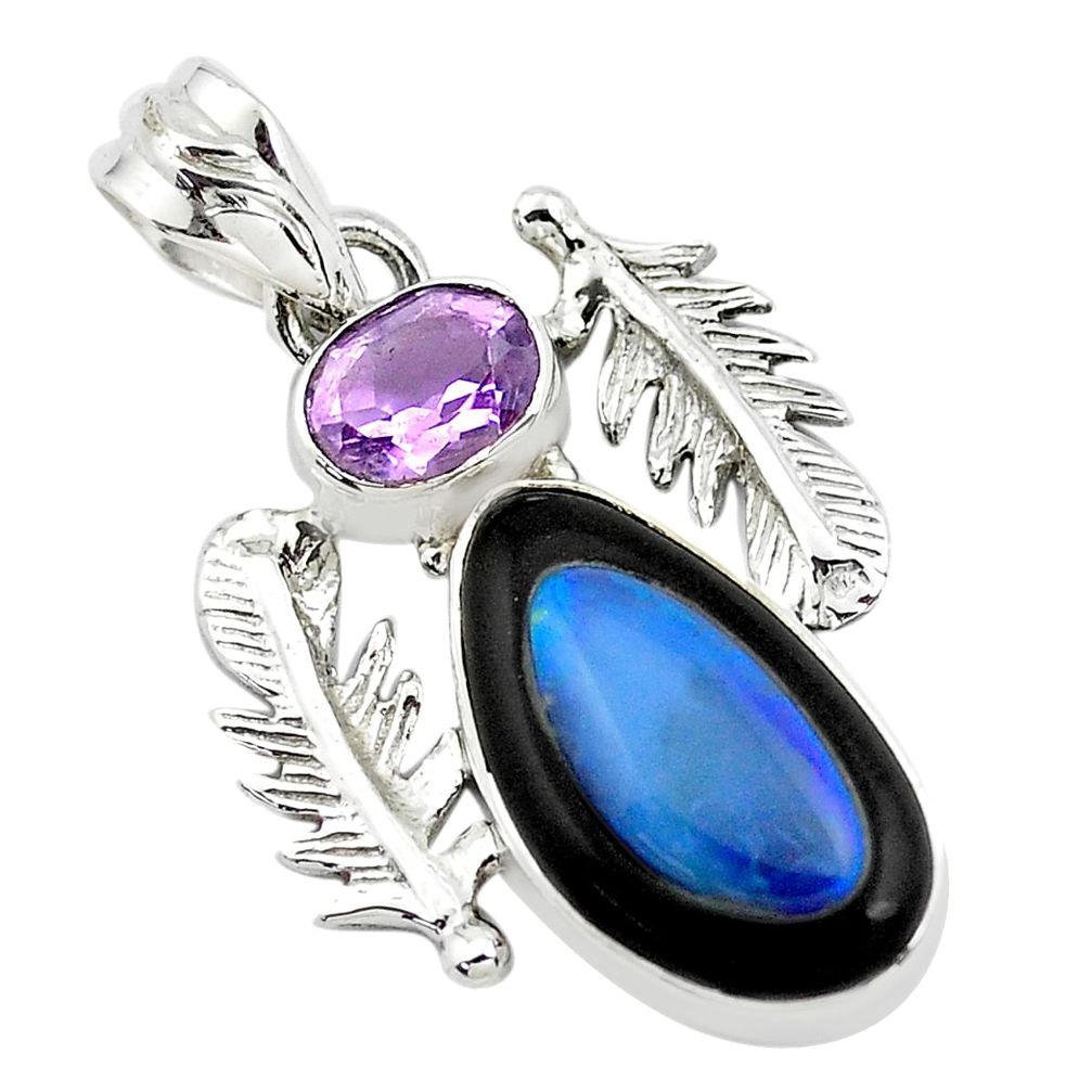 14.40cts natural blue doublet opal in onyx amethyst 925 silver pendant p53751