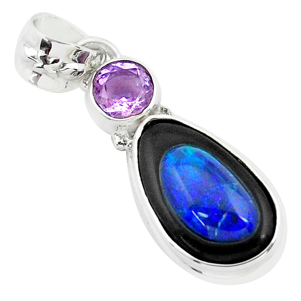 8.42cts natural blue doublet opal in onyx amethyst 925 silver pendant p53890