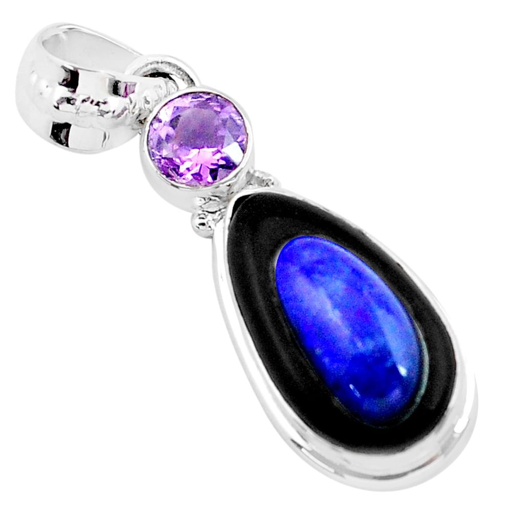 8.48cts natural blue doublet opal in onyx amethyst 925 silver pendant p53893
