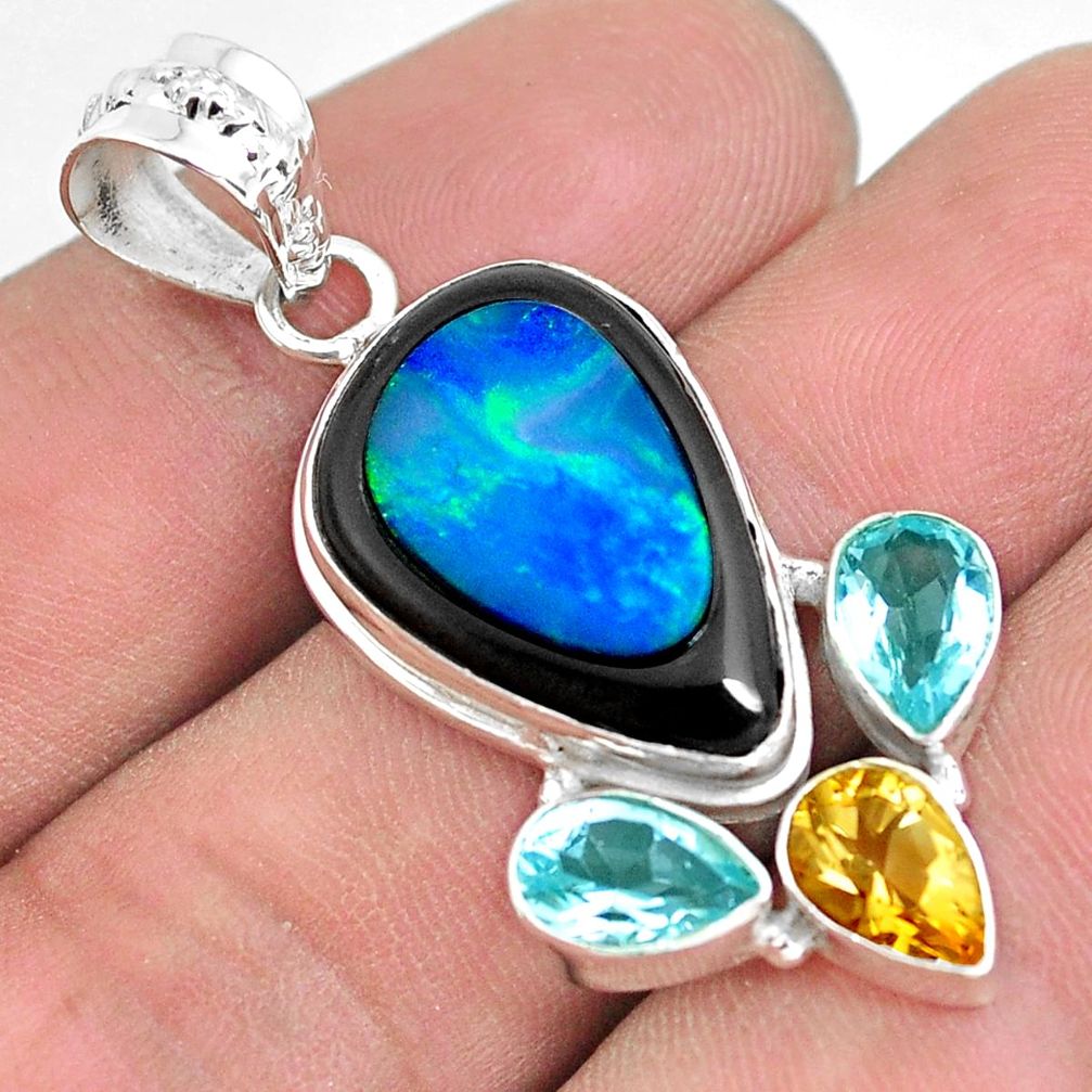 16.54cts natural blue doublet opal in onyx citrine 925 silver pendant p53668
