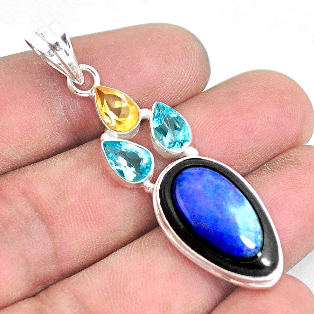 16.54cts natural blue doublet opal in onyx citrine 925 silver pendant p53670