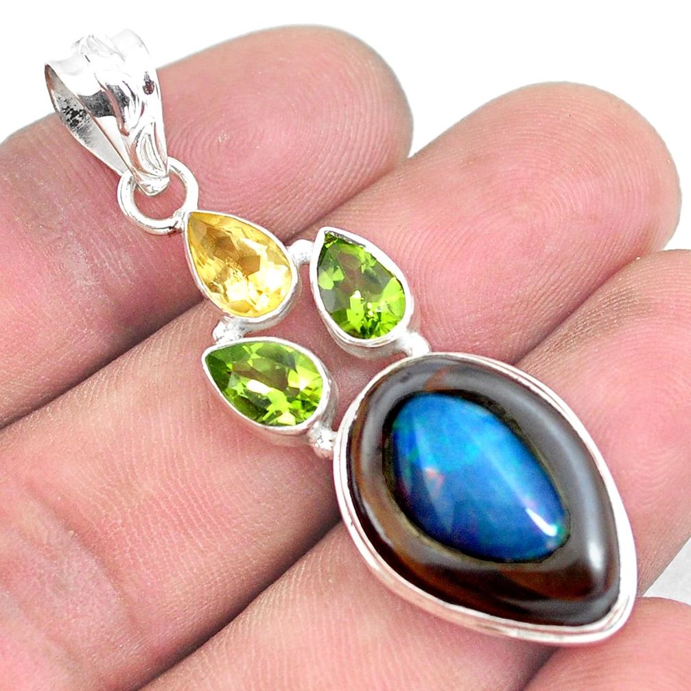 17.42cts natural blue doublet opal in onyx citrine 925 silver pendant p53674