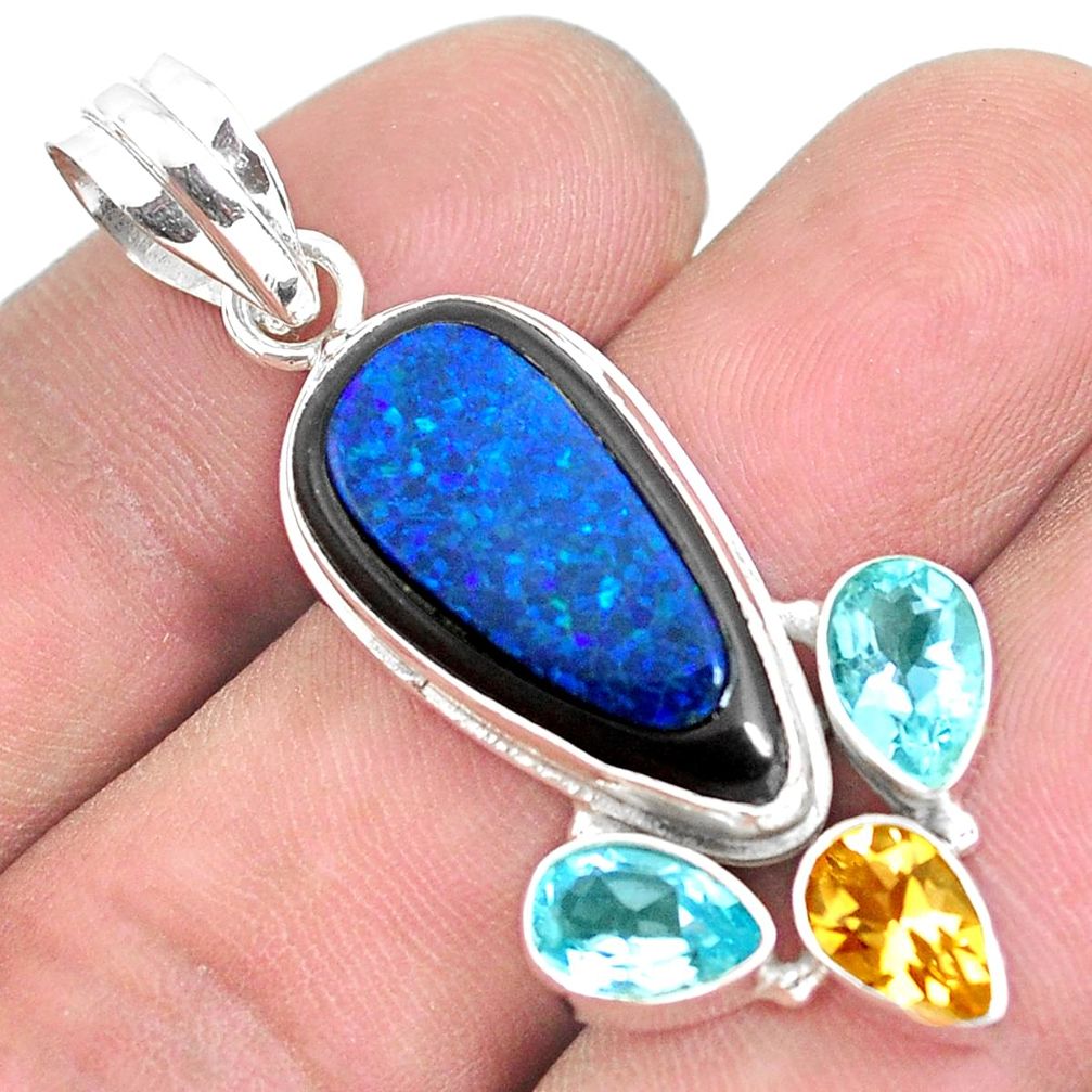 16.06cts natural blue doublet opal in onyx citrine 925 silver pendant p53678