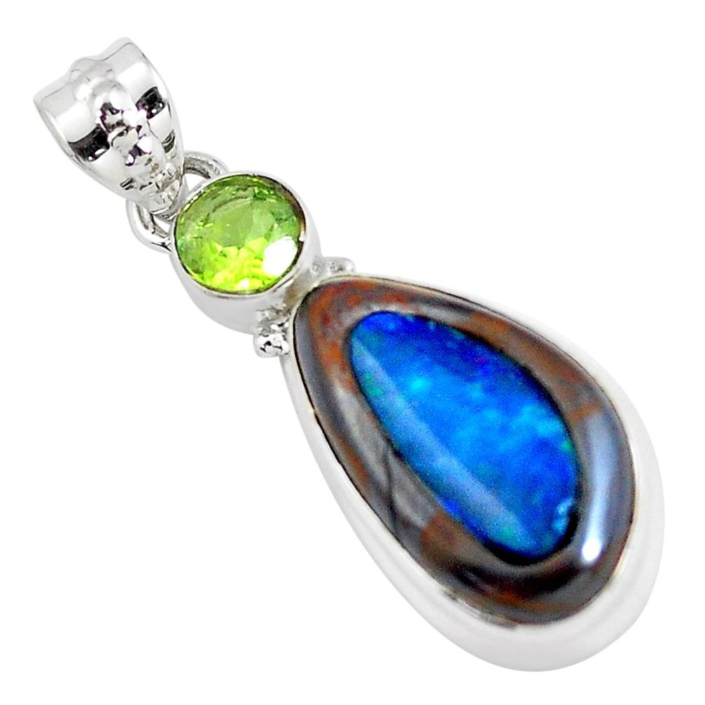 10.85cts natural blue doublet opal in onyx peridot 925 silver pendant p53823