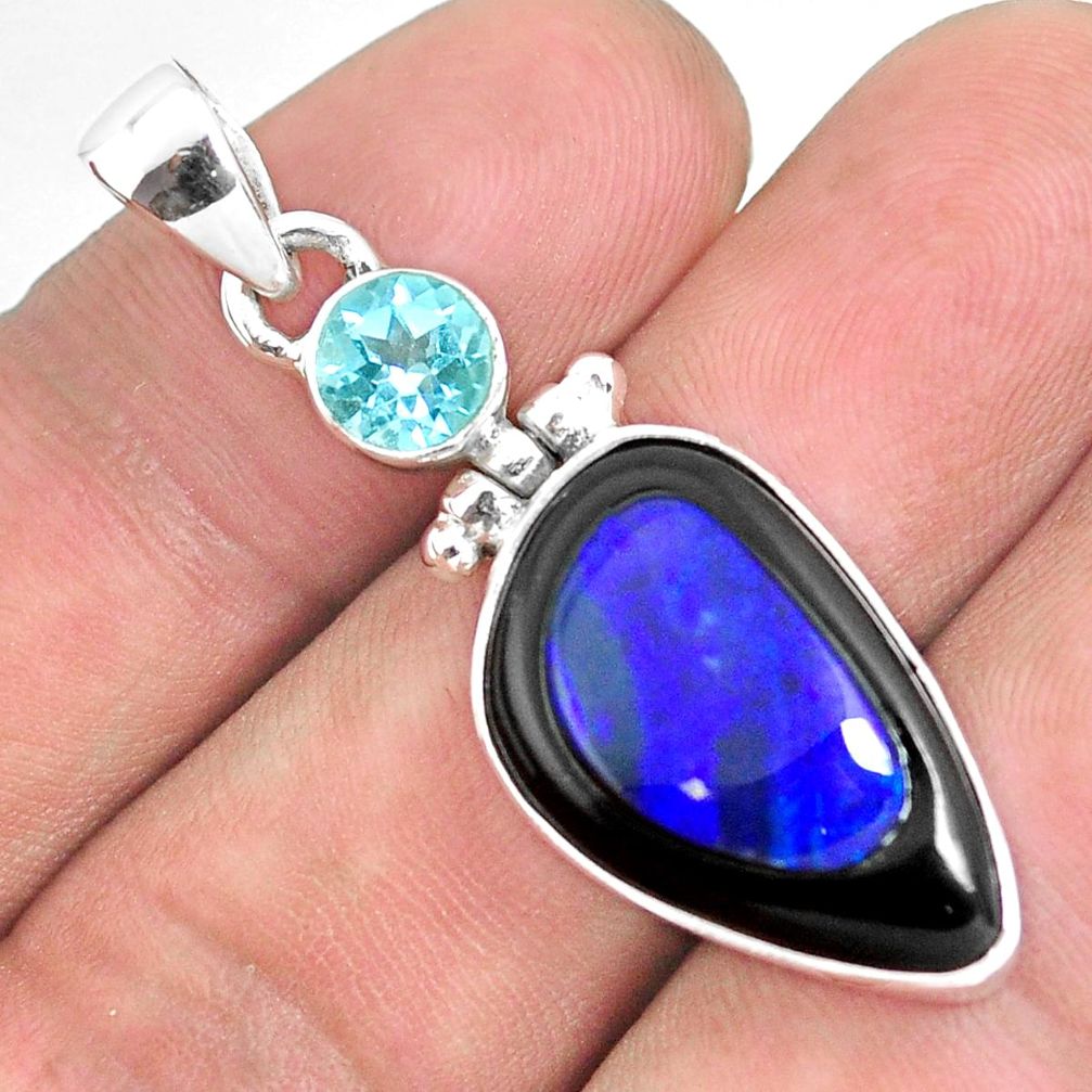 15.02cts natural blue doublet opal in onyx topaz 925 silver pendant p53572