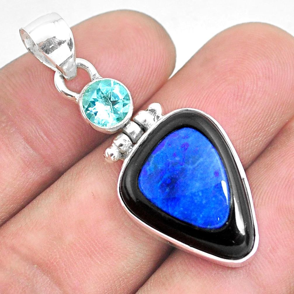 14.47cts natural blue doublet opal in onyx topaz 925 silver pendant p53576