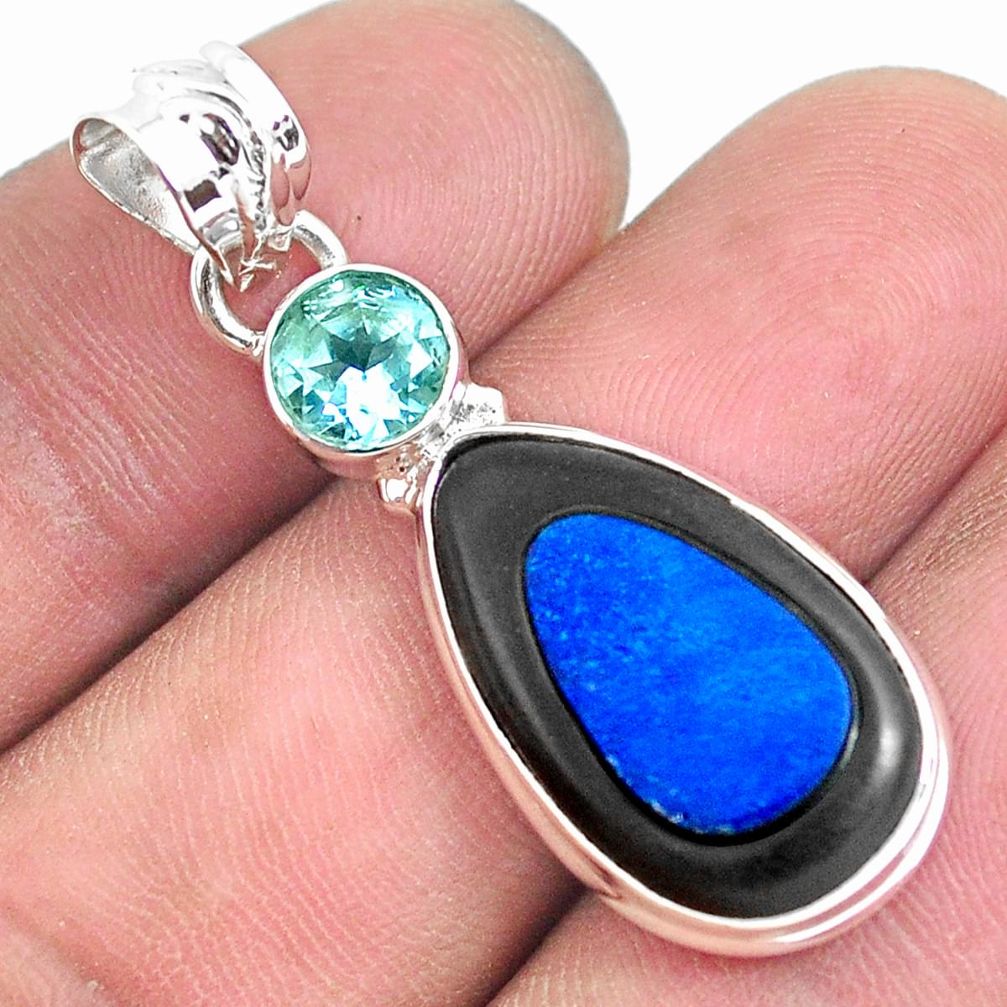12.62cts natural blue doublet opal in onyx topaz 925 silver pendant p53730