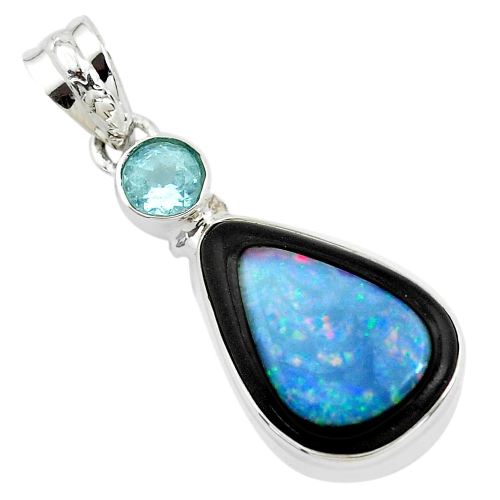 15.29cts natural blue doublet opal in onyx topaz 925 silver pendant p53748