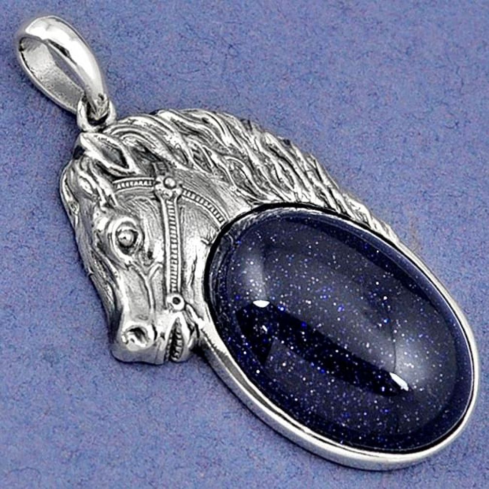 NATURAL BLUE GOLDSTONE 925 STERLING SILVER HORSE FACE PENDANT JEWELRY H30372