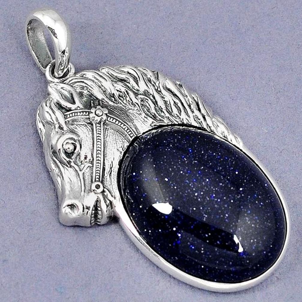 NATURAL BLUE GOLDSTONE OVAL 925 STERLING SILVER HORSE PENDANT JEWELRY H6064