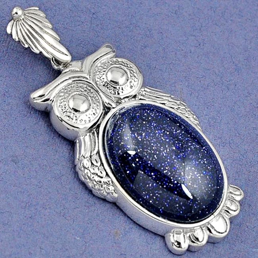 NATURAL BLUE GOLDSTONE OVAL 925 STERLING SILVER OWL PENDANT JEWELRY H30390
