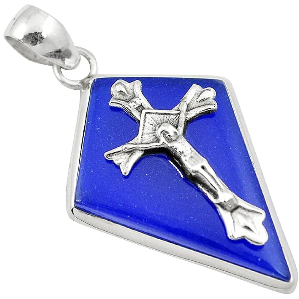 Natural blue jade fancy 925 sterling silver holy cross pendant jewelry h94654