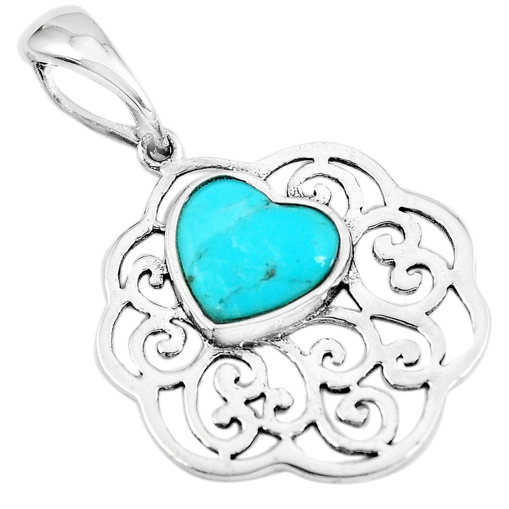3.87cts natural blue kingman turquoise 925 sterling silver heart pendant c1683