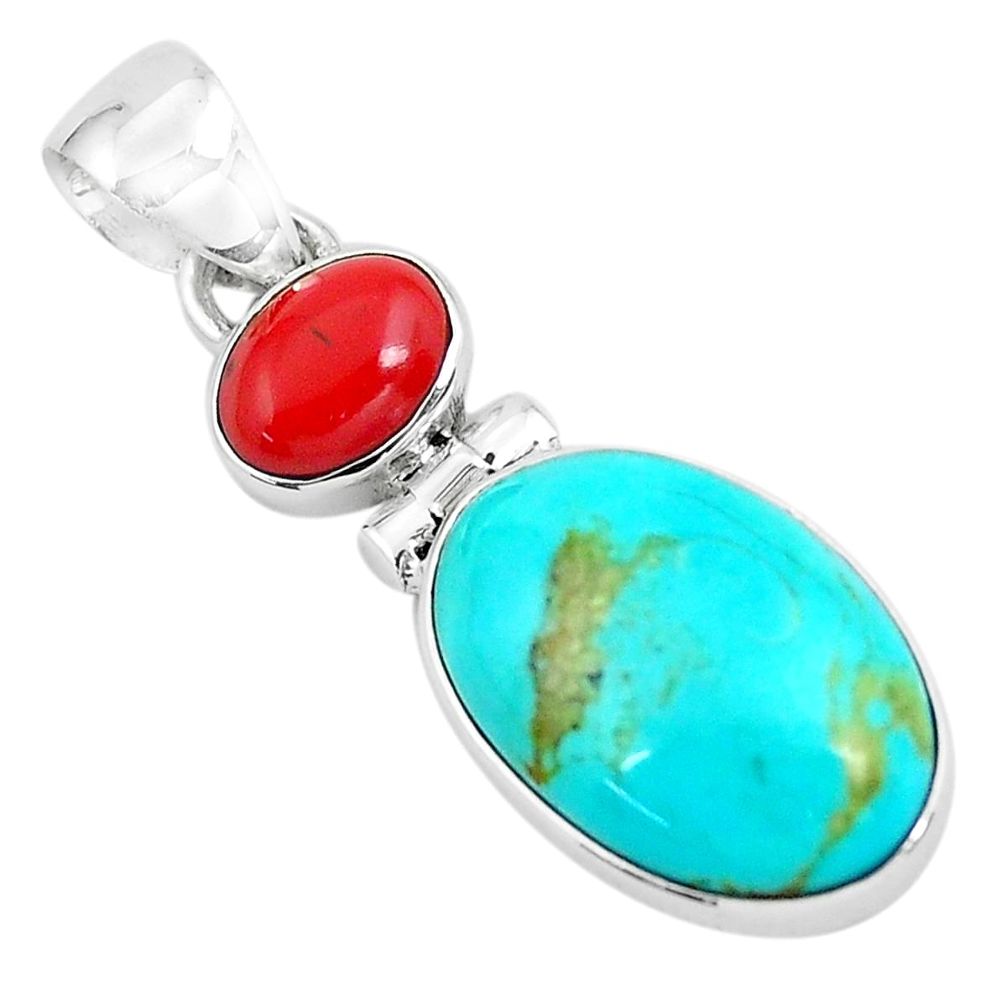 10.62cts natural blue kingman turquoise coral 925 sterling silver pendant p65307
