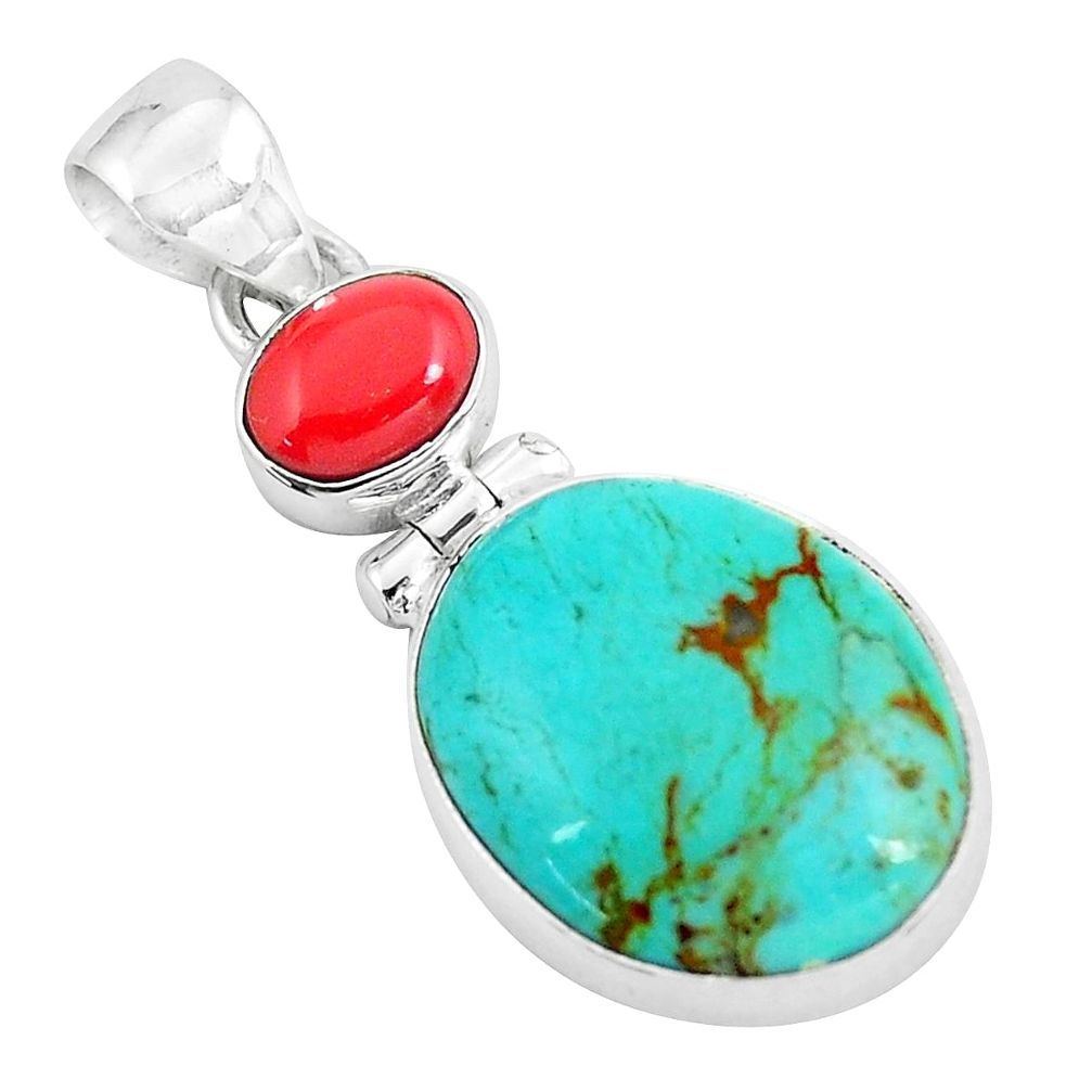 10.65cts natural blue kingman turquoise coral 925 sterling silver pendant p65310