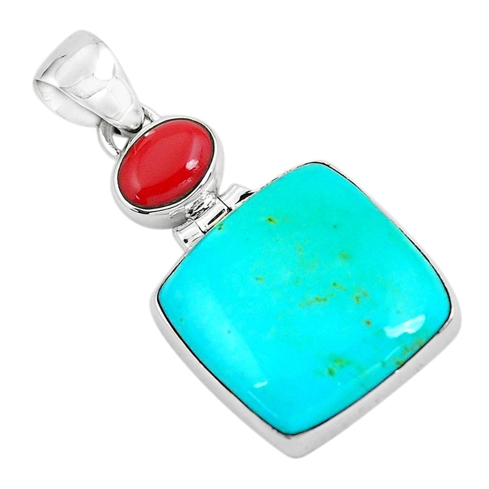 14.23cts natural blue kingman turquoise coral 925 sterling silver pendant p65337