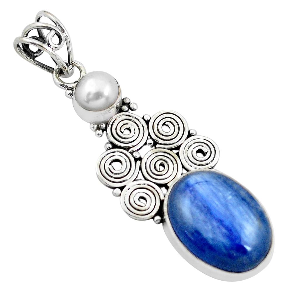 11.86cts natural blue kyanite pearl 925 sterling silver pendant jewelry p58876