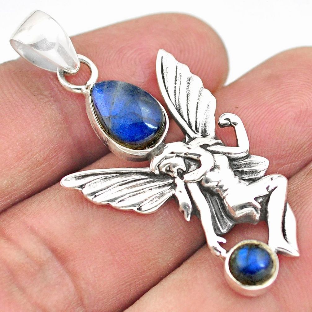 3.89cts natural blue labradorite 925 silver angel wings fairy pendant p81383