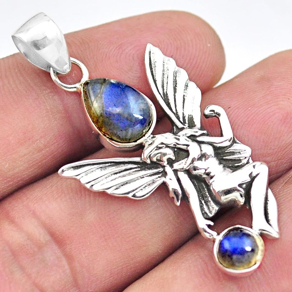 3.76cts natural blue labradorite 925 silver angel wings fairy pendant p81394