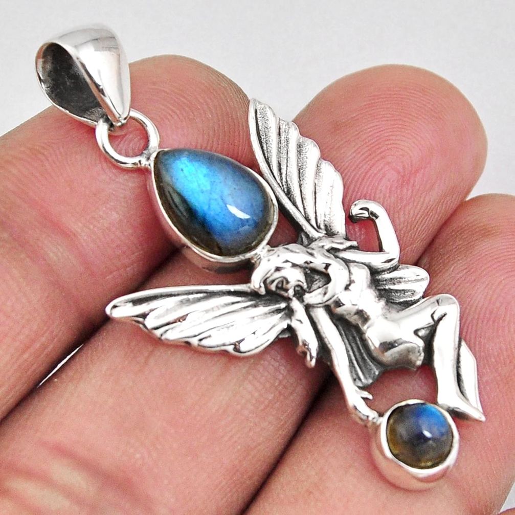 10.04cts natural blue labradorite 925 silver angel wings fairy pendant p90212