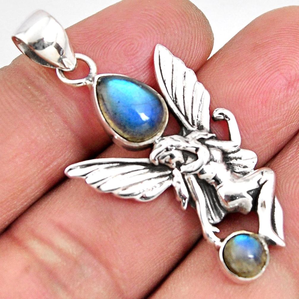 3.33cts natural blue labradorite 925 silver angel wings fairy pendant p90217