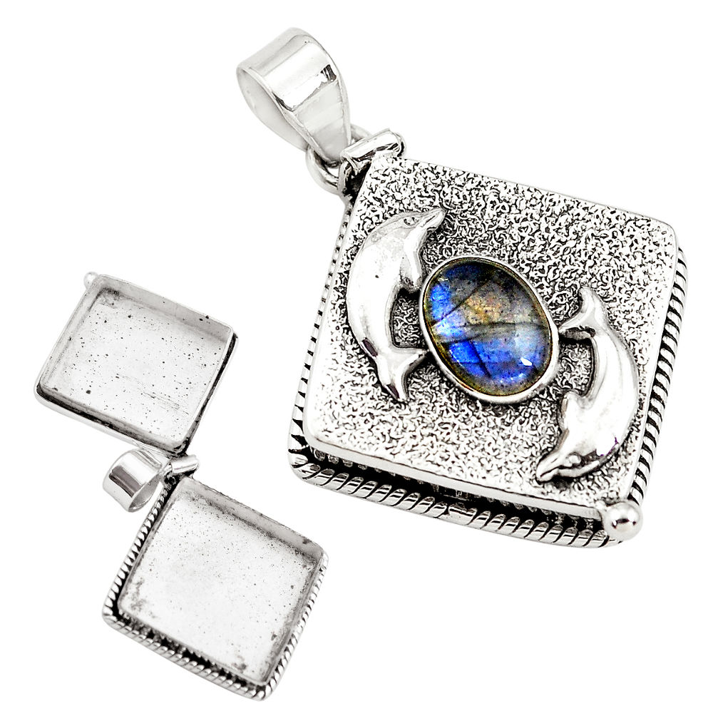 4.56cts natural blue labradorite 925 silver poison box dolphin pendant p79948