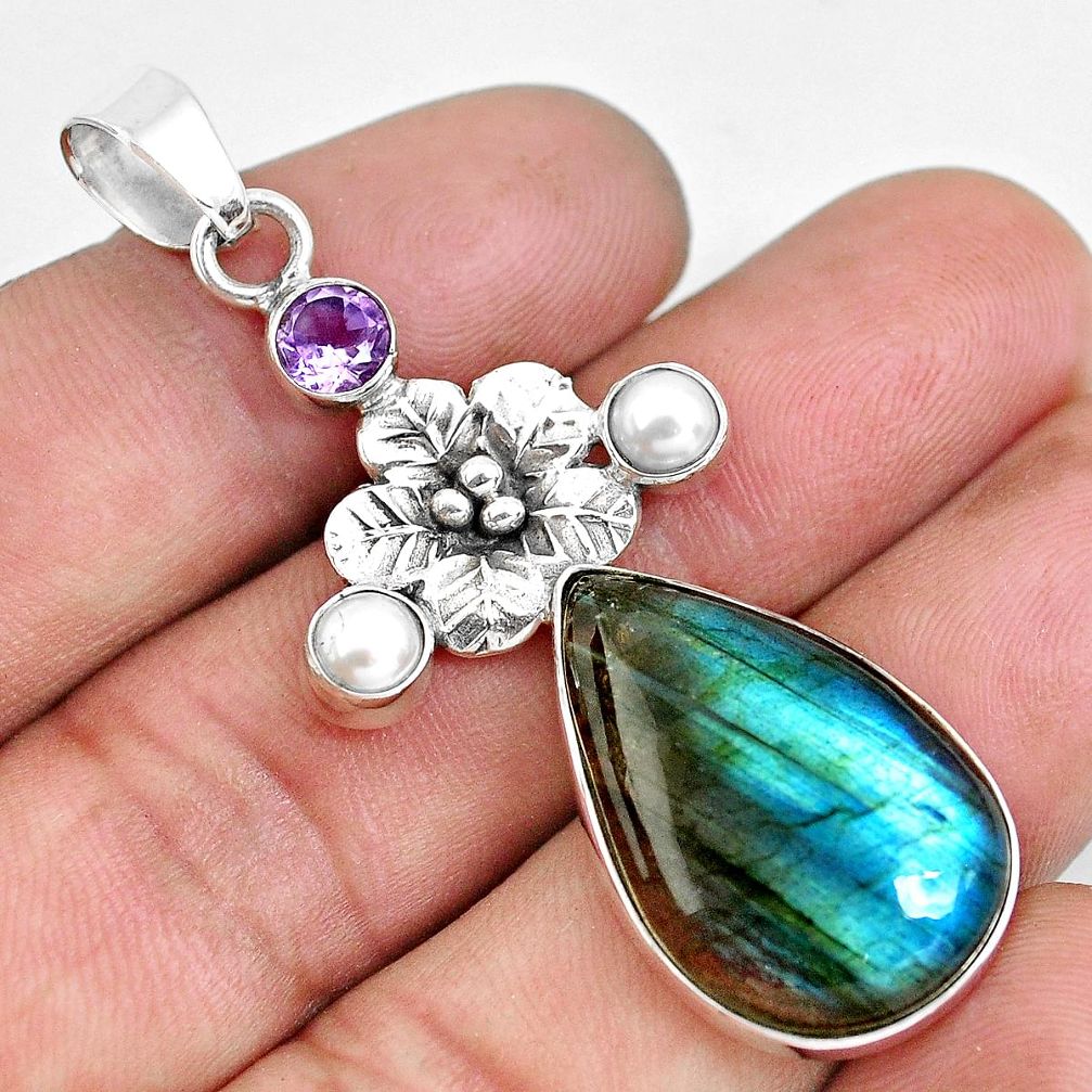 18.15cts natural blue labradorite amethyst 925 silver flower pendant d31158