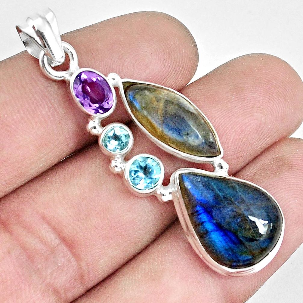 18.54cts natural blue labradorite amethyst topaz 925 silver pendant p33762