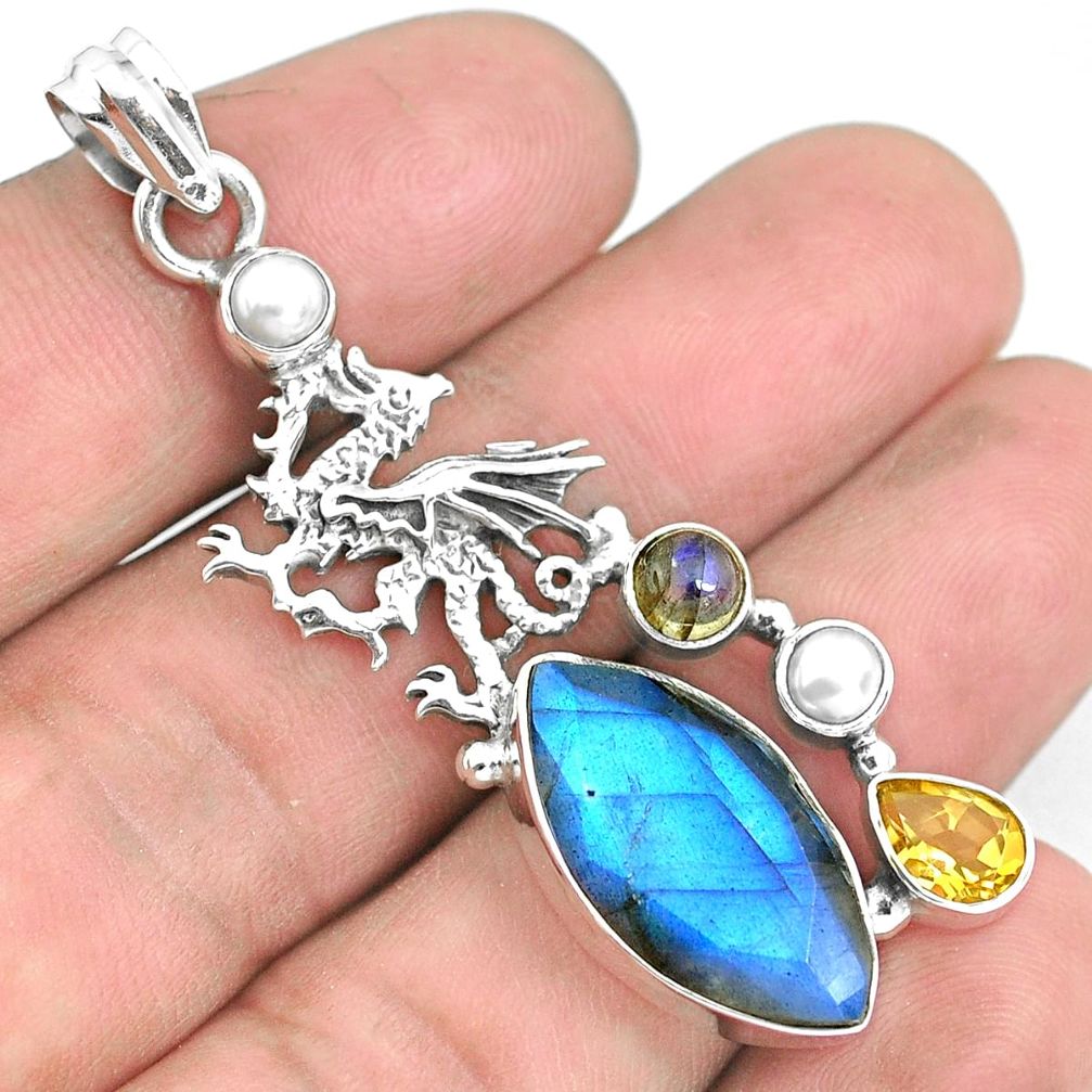 17.36cts natural blue labradorite citrine pearl 925 silver dragon pendant p38956