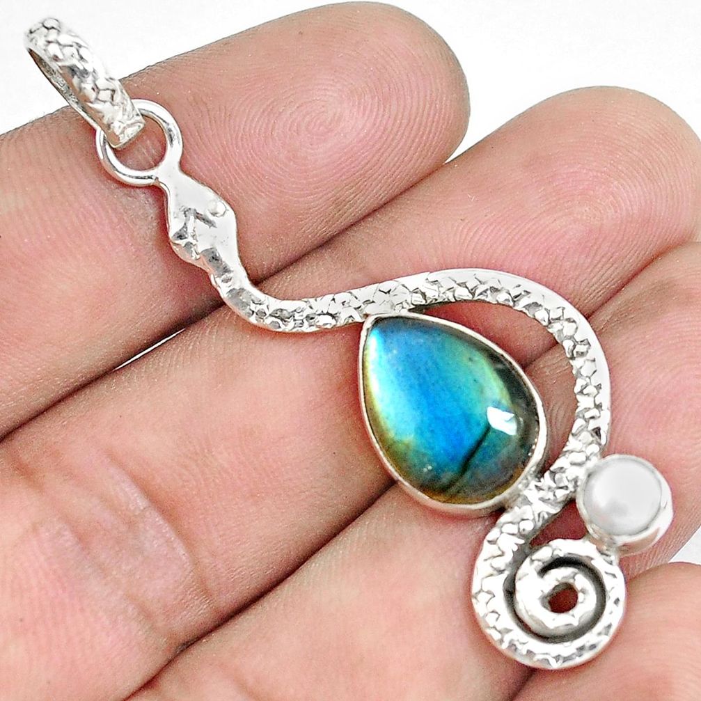 6.54cts natural blue labradorite pearl 925 sterling silver snake pendant p49220