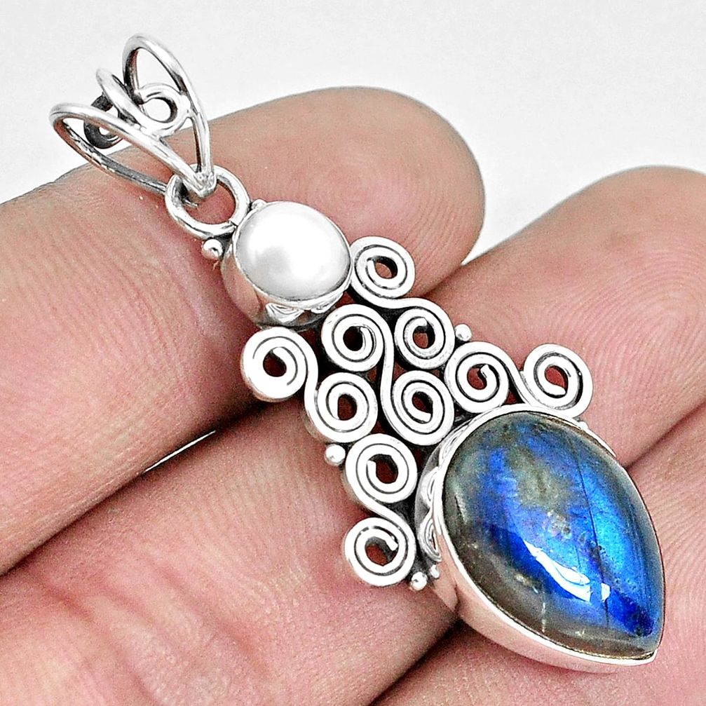 9.61cts natural blue labradorite white pearl 925 sterling silver pendant p33843