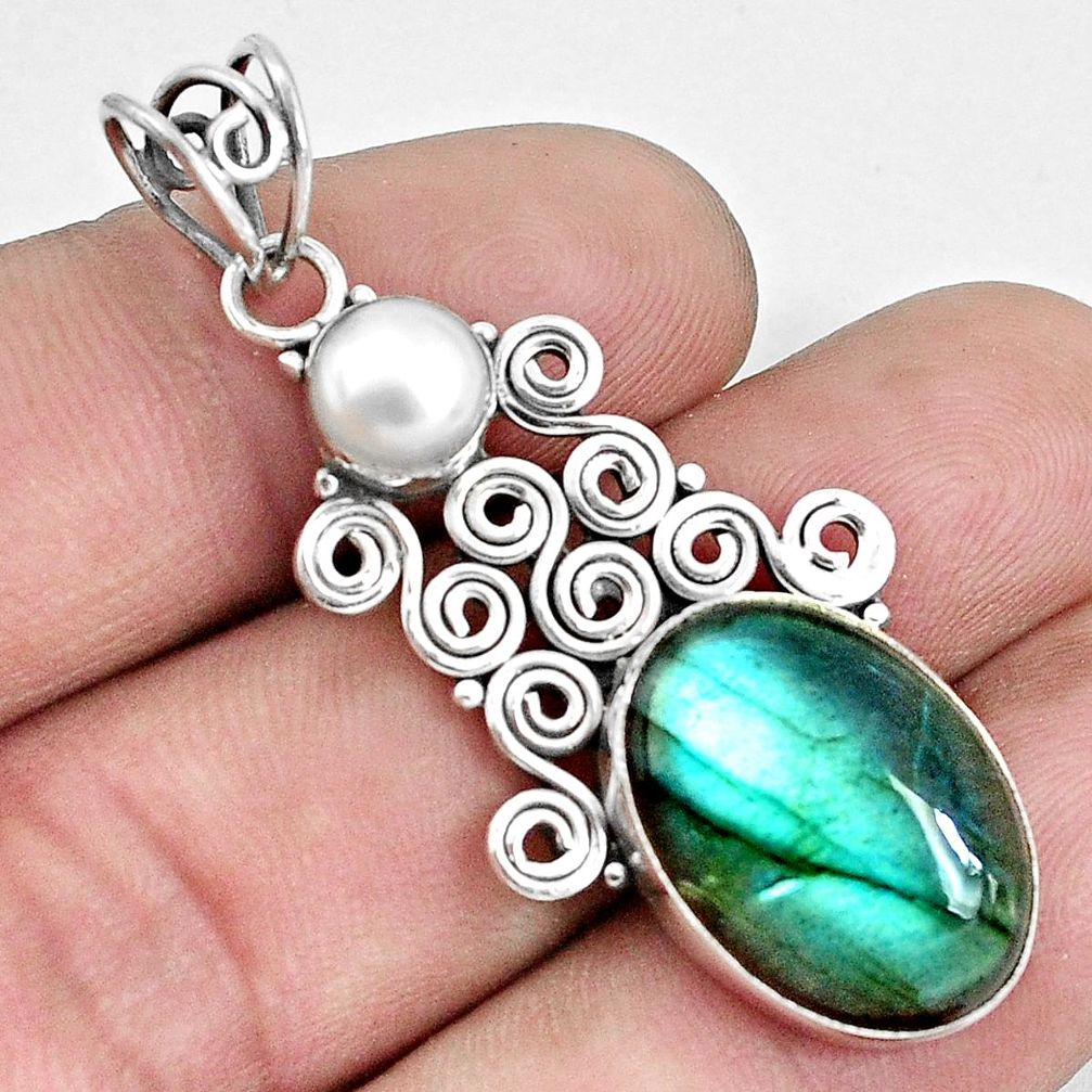 12.58cts natural blue labradorite white pearl 925 sterling silver pendant p33853