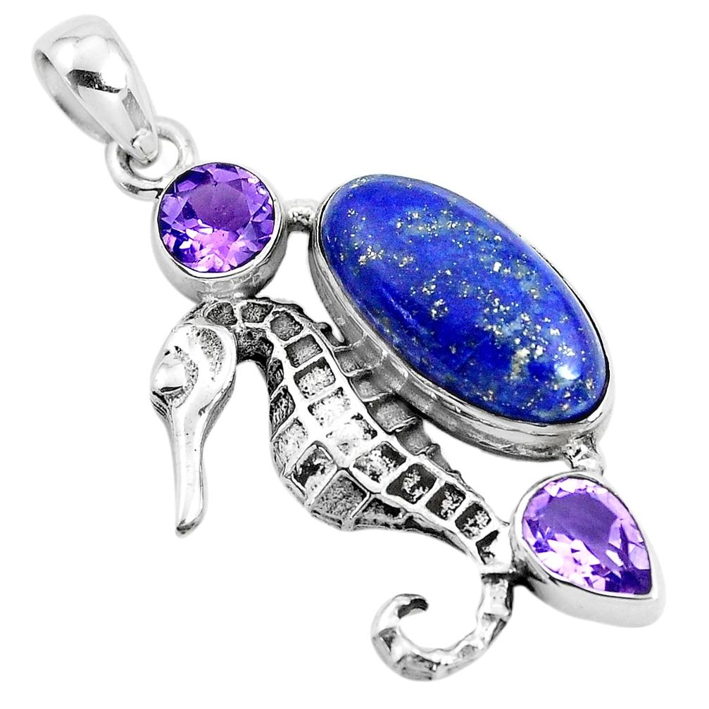 8.70cts natural blue lapis lazuli amethyst 925 silver seahorse pendant p41906