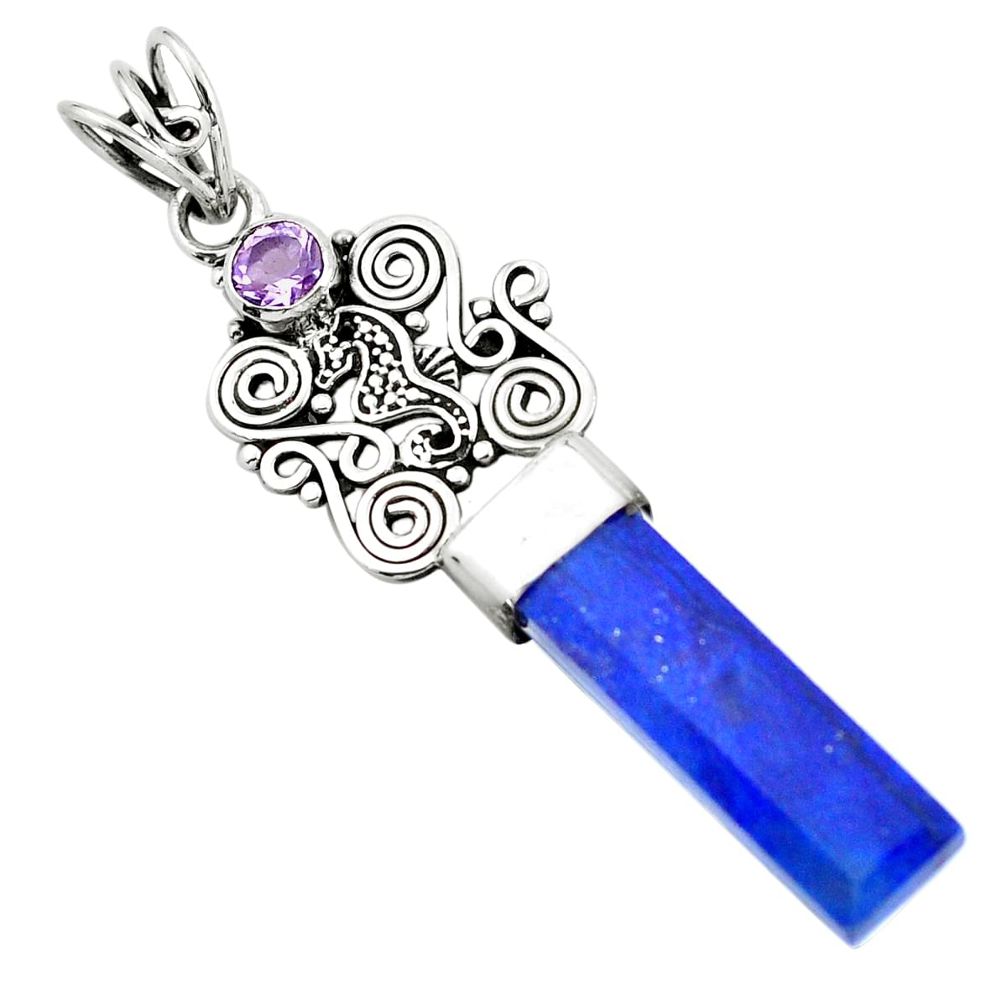 13.55cts natural blue lapis lazuli amethyst 925 silver seahorse pendant p58843