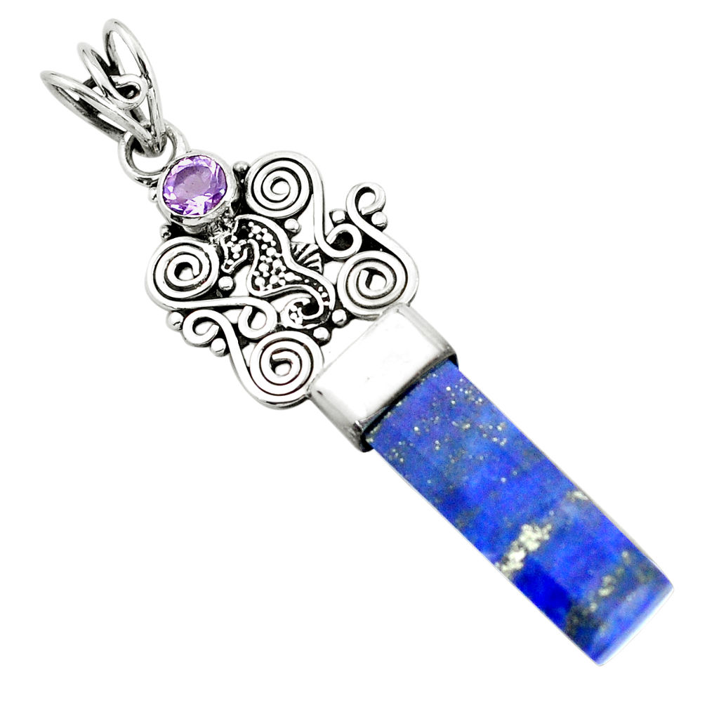 13.55cts natural blue lapis lazuli amethyst 925 silver seahorse pendant p58846