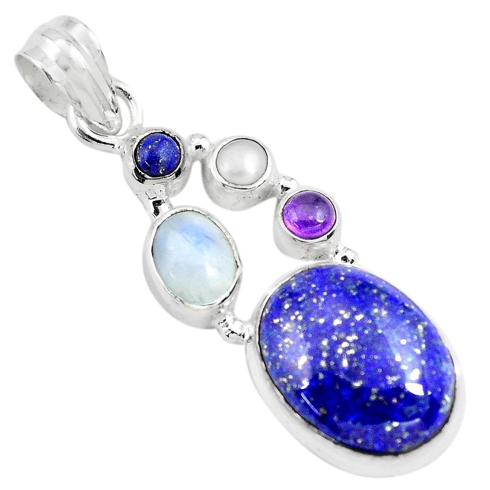 12.83cts natural blue lapis lazuli moonstone pearl 925 silver pendant p70434