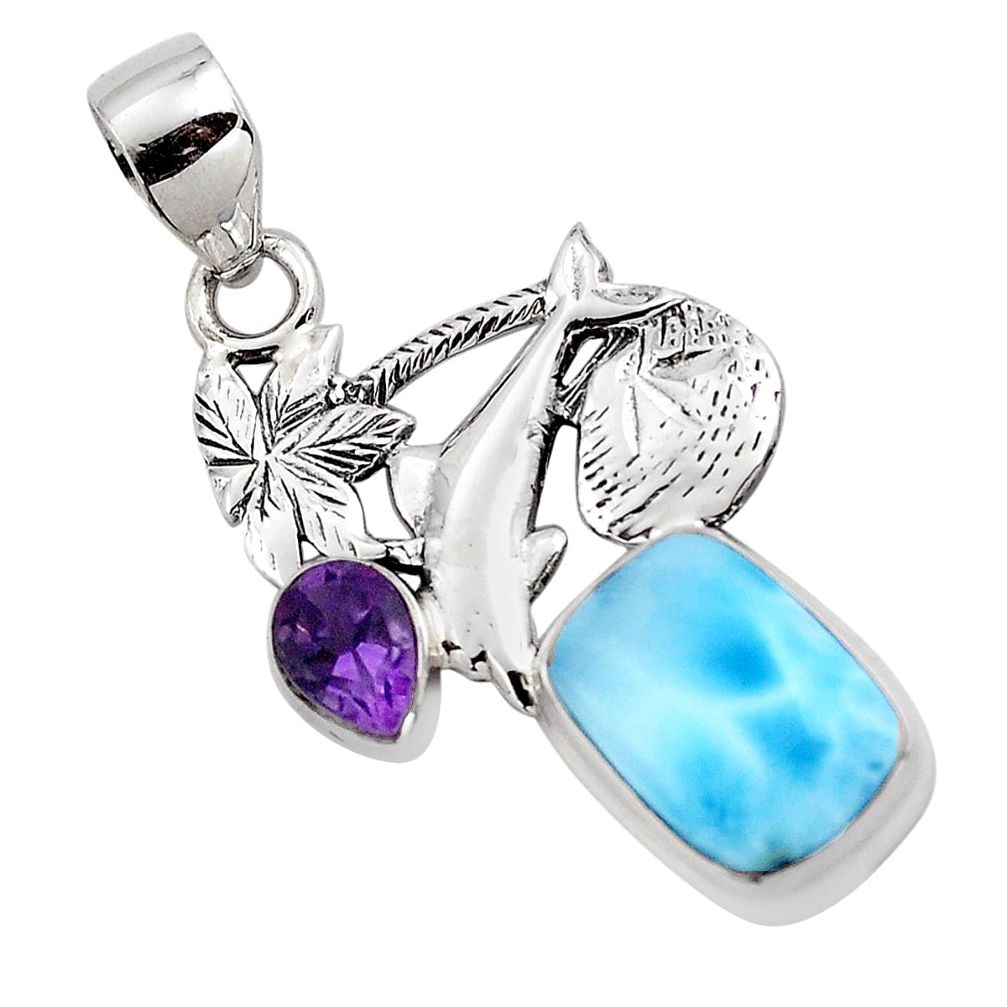 7.07cts natural blue larimar amethyst 925 sterling silver dolphin pendant p88987