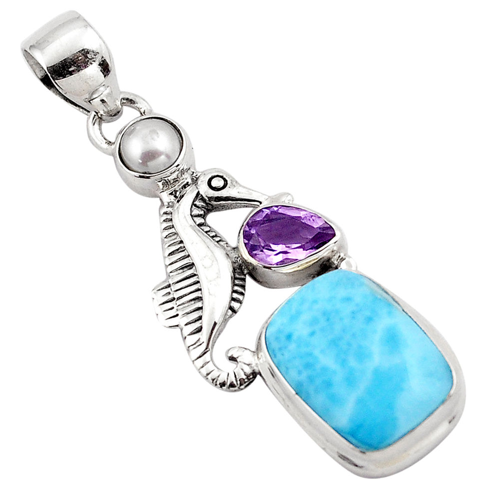 8.14cts natural blue larimar amethyst pearl 925 silver seahorse pendant p88991