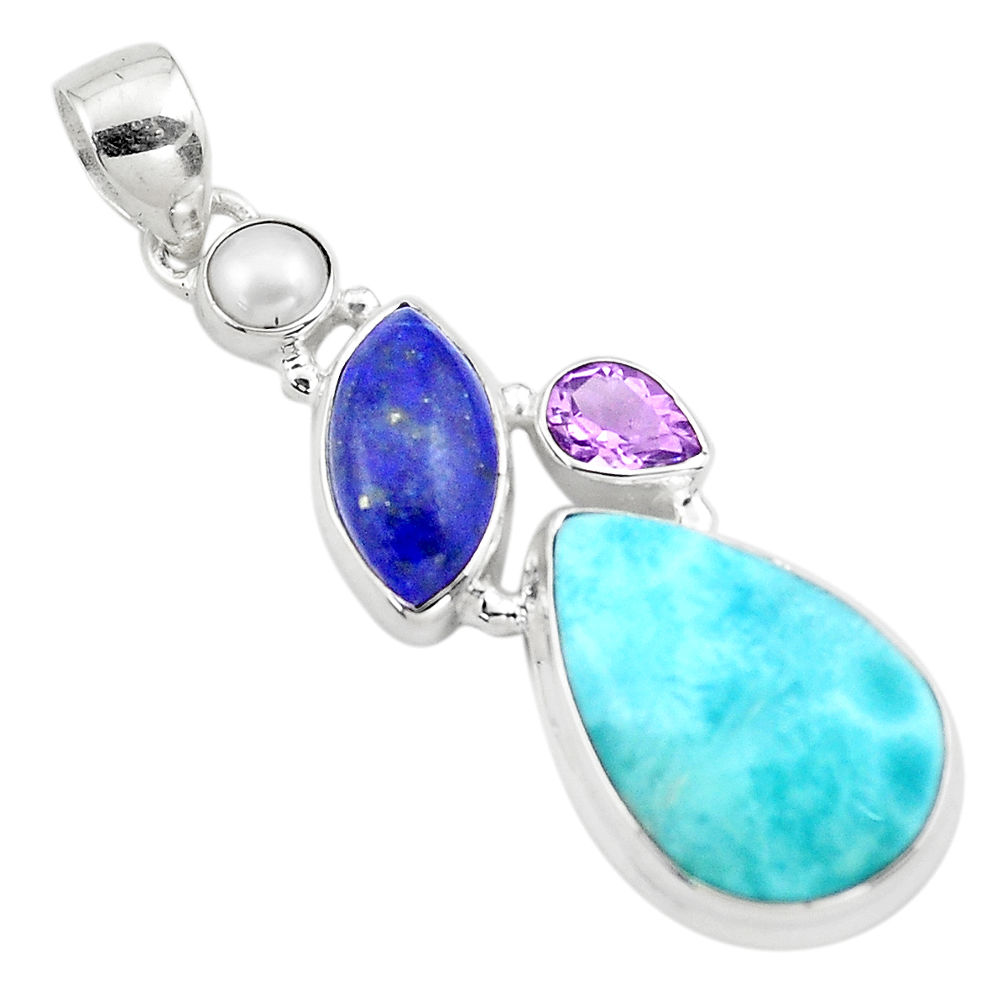 20.07cts natural blue larimar amethyst pearl 925 sterling silver pendant p80372