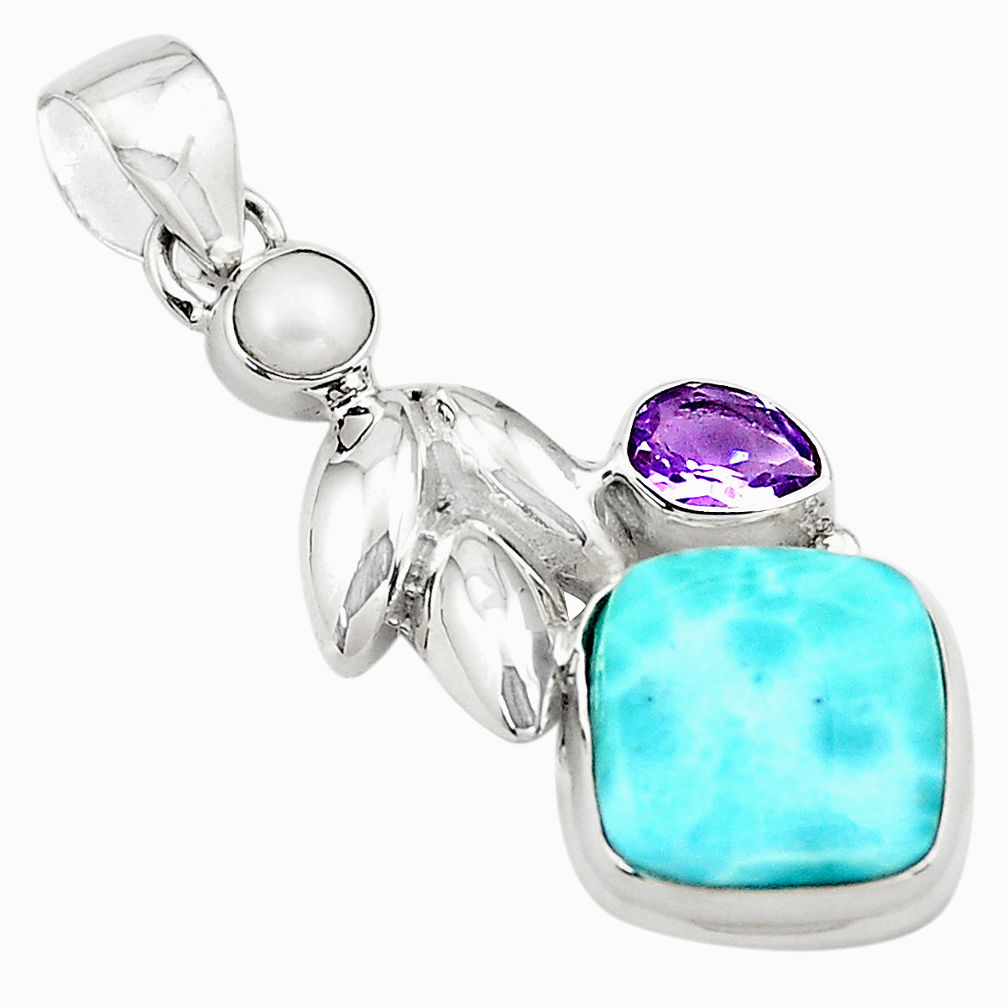 10.37cts natural blue larimar amethyst pearl 925 sterling silver pendant p80429