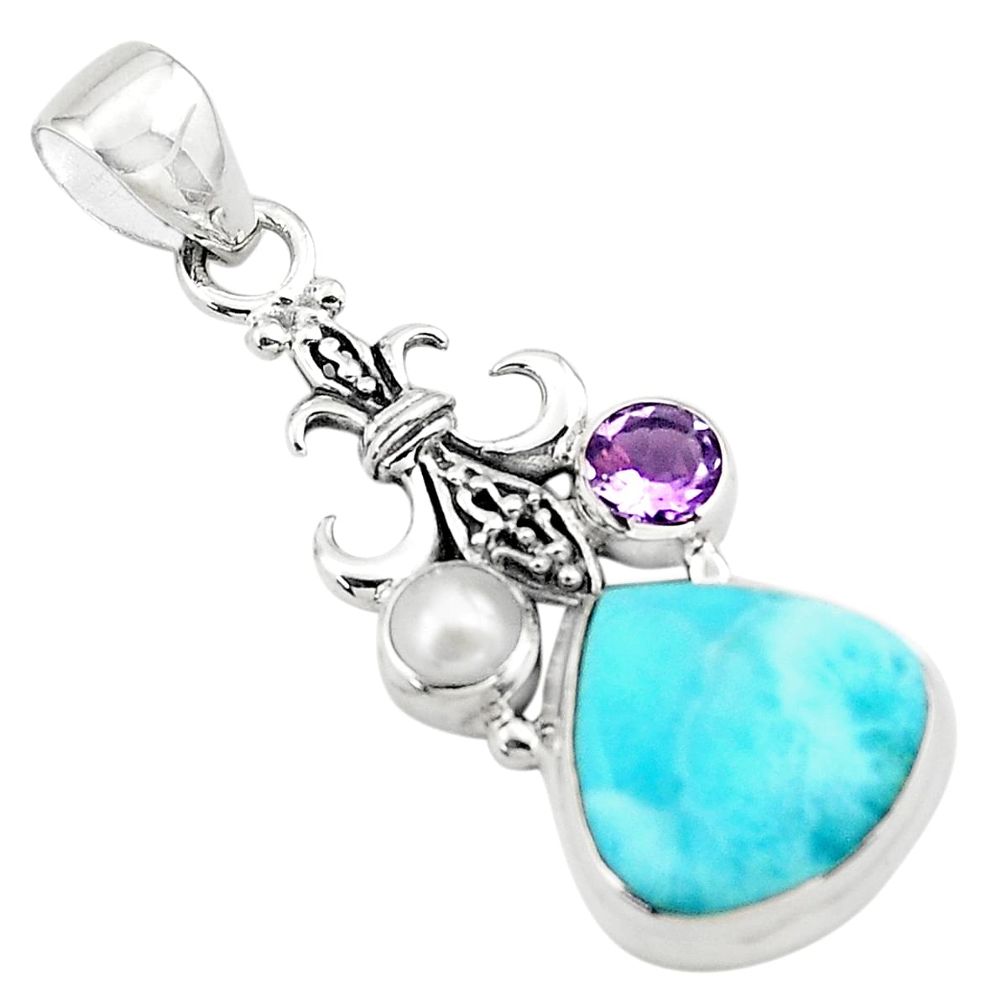 9.63cts natural blue larimar amethyst pearl 925 sterling silver pendant p80437