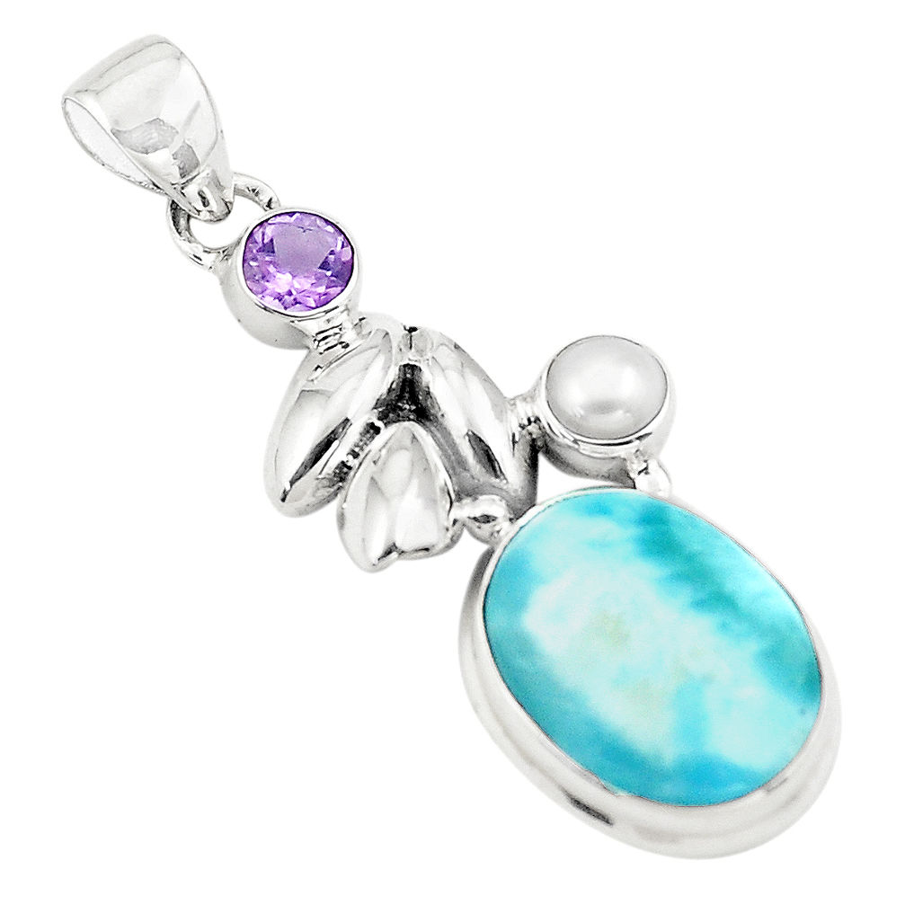 10.70cts natural blue larimar amethyst pearl 925 sterling silver pendant p80440