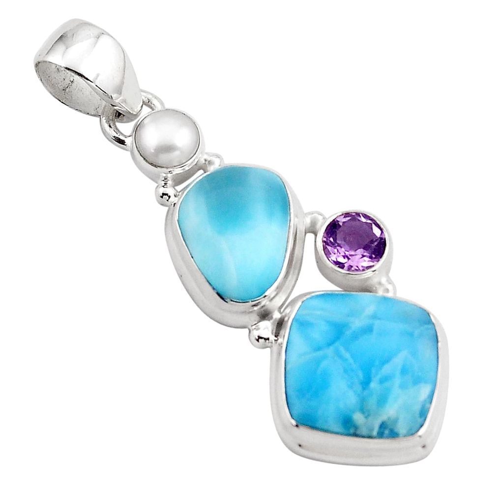 17.42cts natural blue larimar amethyst pearl 925 sterling silver pendant p88975