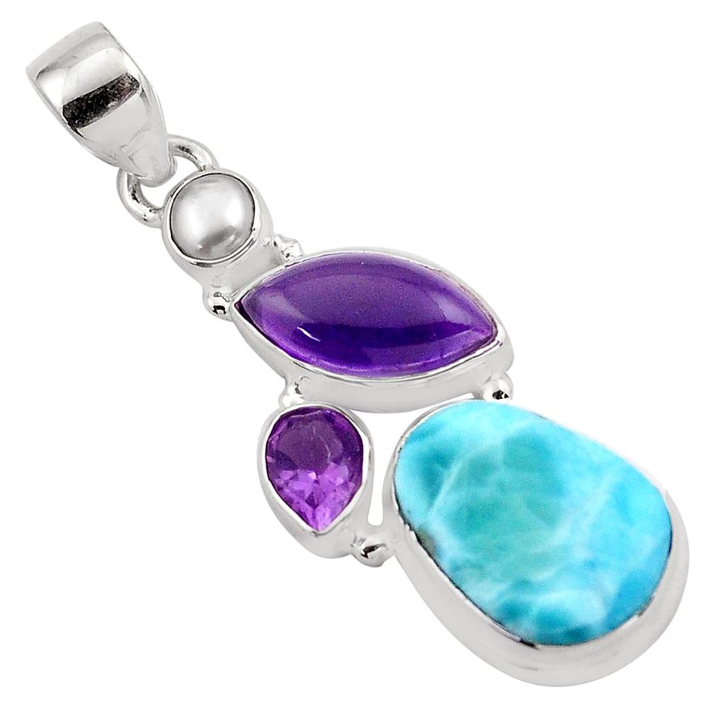 16.18cts natural blue larimar amethyst pearl 925 sterling silver pendant p88980