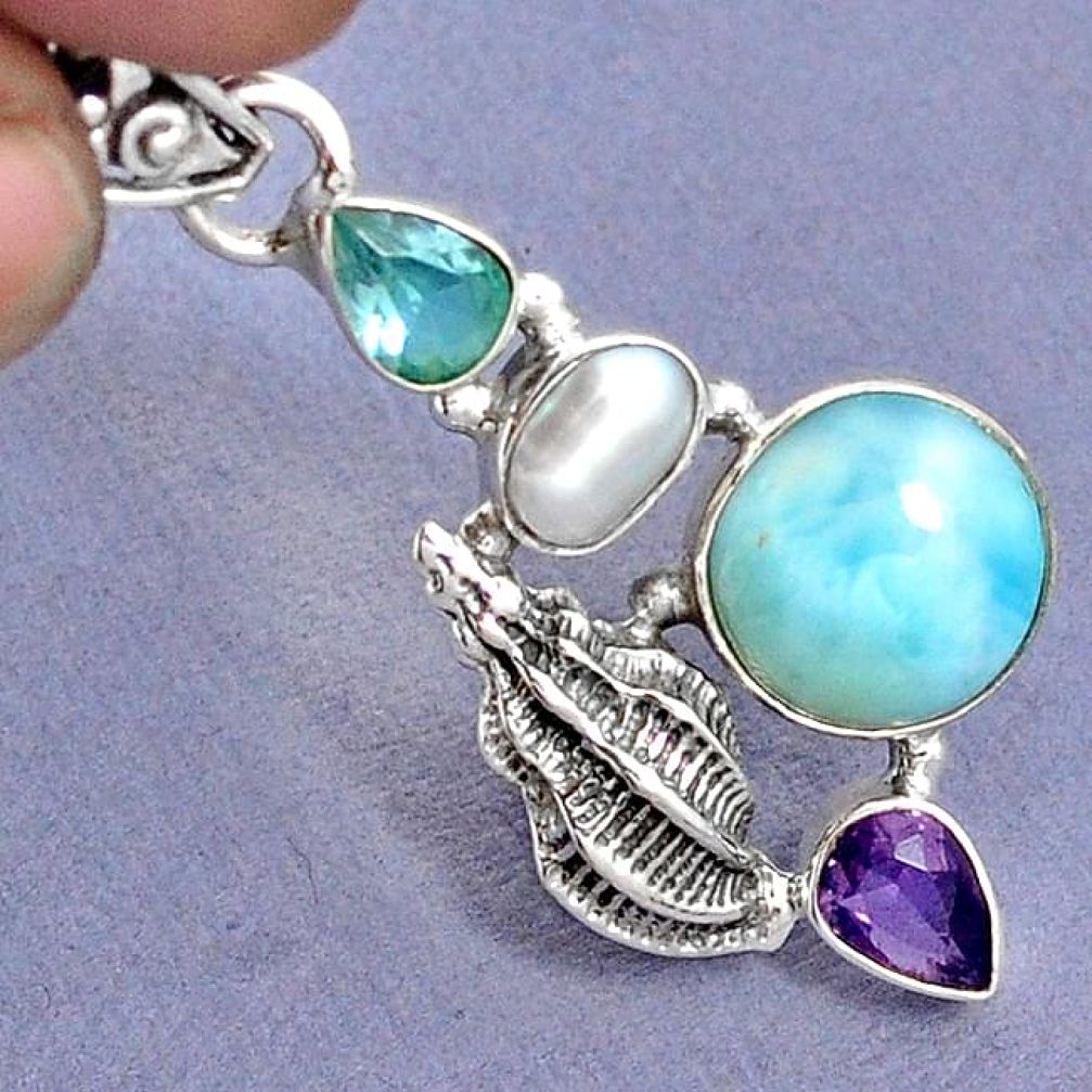 NATURAL BLUE LARIMAR AMETHYST PEARL 925 STERLING SILVER SNAIL PENDANT G94712