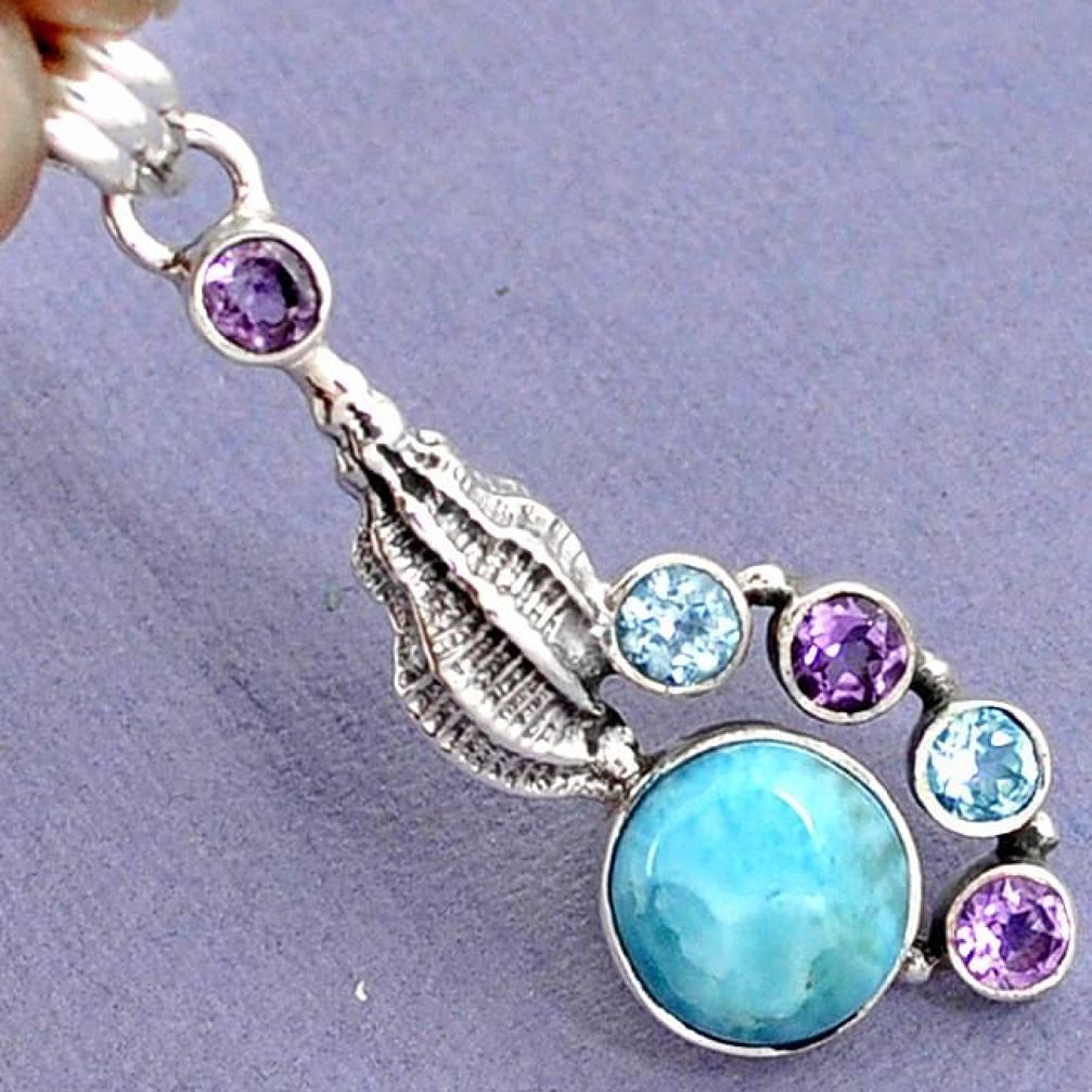 NATURAL BLUE LARIMAR AMETHYST TOPAZ 925 SILVER SEA SHELL PENDANT JEWELRY G94750