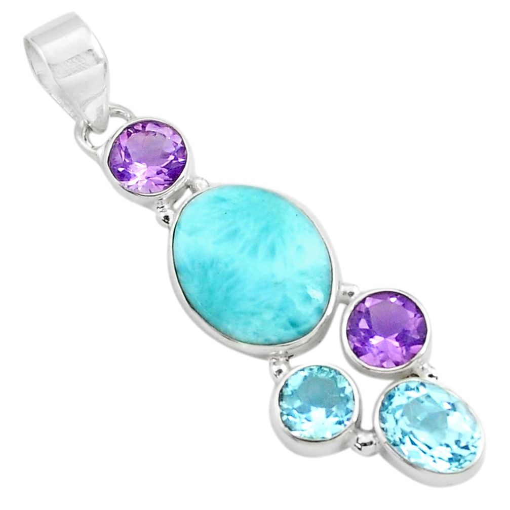 10.78cts natural blue larimar amethyst topaz 925 sterling silver pendant p71036