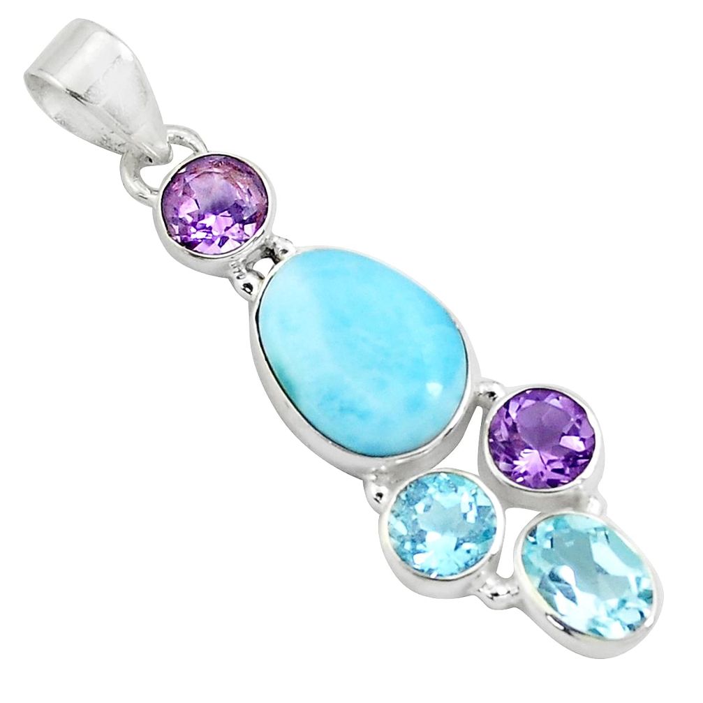 10.78cts natural blue larimar amethyst topaz 925 sterling silver pendant p71037