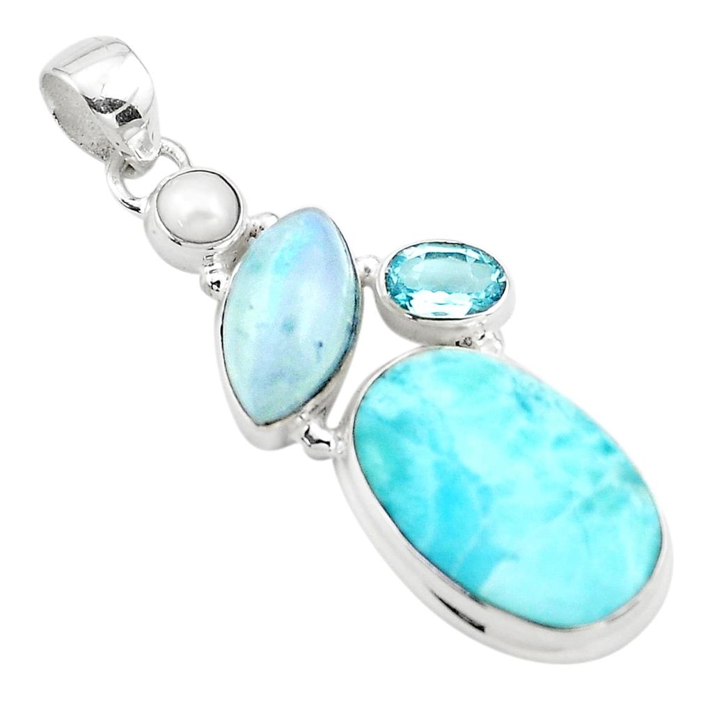 19.23cts natural blue larimar moonstone pearl 925 sterling silver pendant p80393