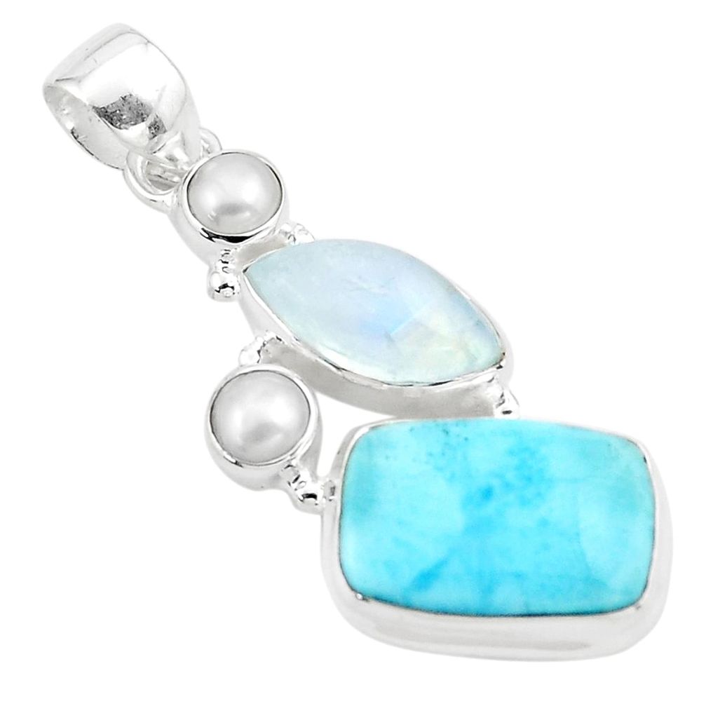 17.57cts natural blue larimar moonstone pearl 925 sterling silver pendant p80410